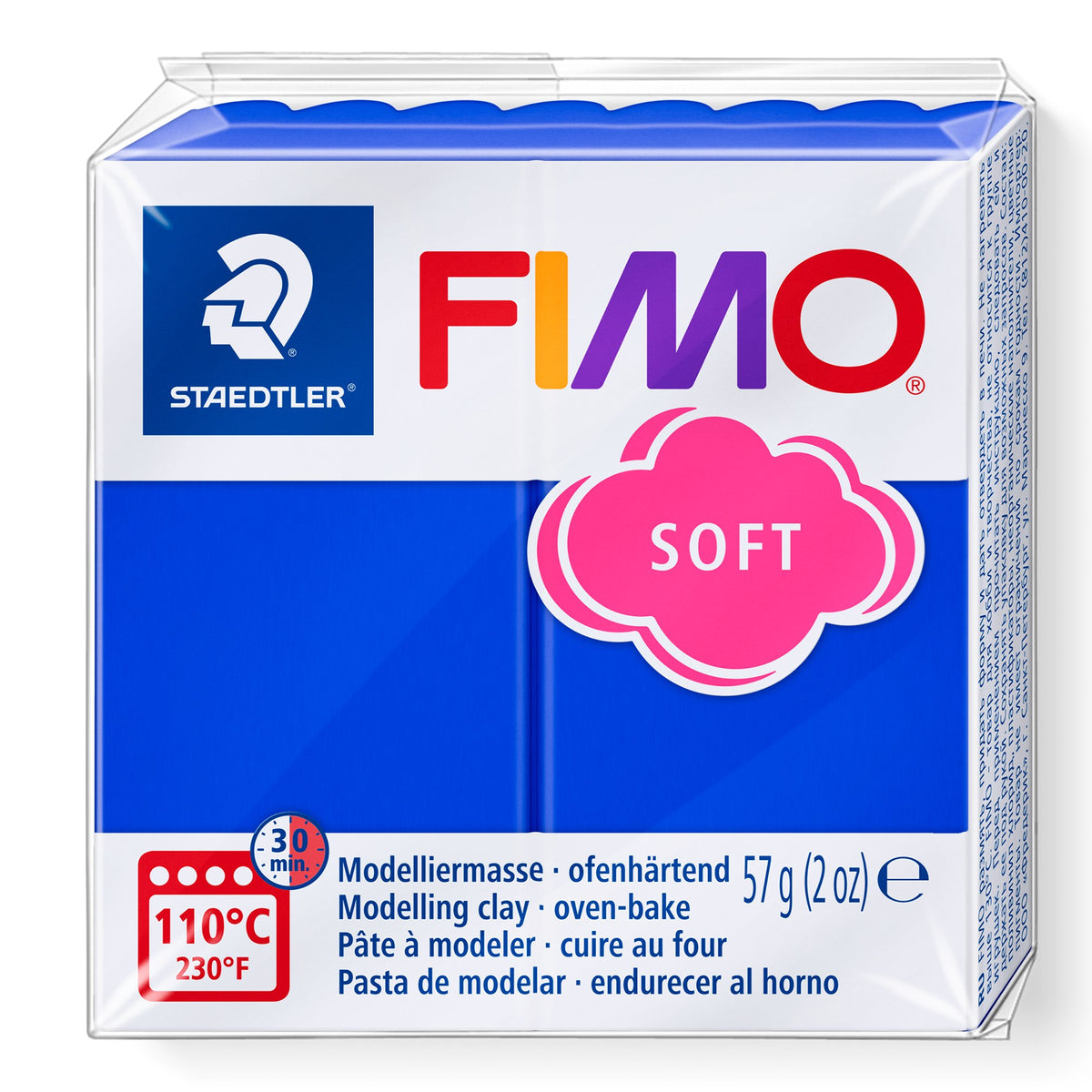 Staedtler FIMO soft 8020-33 pack in brilliant blue, current design with the pink cloud SOFT logo, 110°C 30 minute oven mark and 57 g (2 oz) label