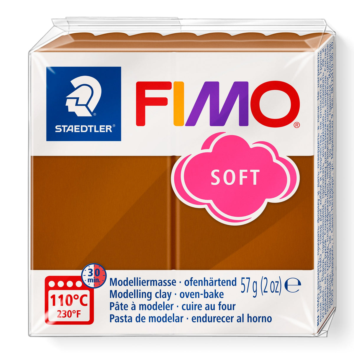 Current Staedtler FIMO soft 8020-7 caramel pack with the pink cloud SOFT logo, warm light brown block visible and 57 g (2 oz) printed