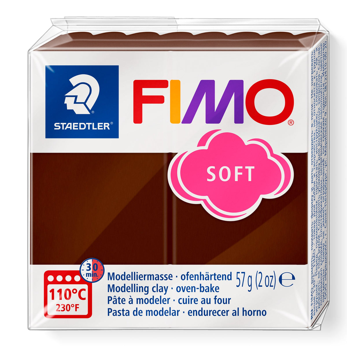 Staedtler FIMO soft 8020-75 pack in chocolate, current design with pink cloud SOFT logo, oven mark 110°C 30 min and 57 g weight