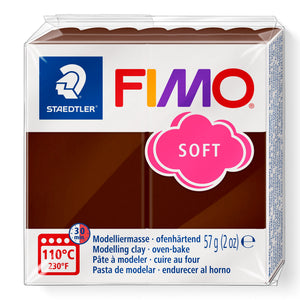 Staedtler FIMO soft 8020-75 pack in chocolate, current design with pink cloud SOFT logo, oven mark 110°C 30 min and 57 g weight