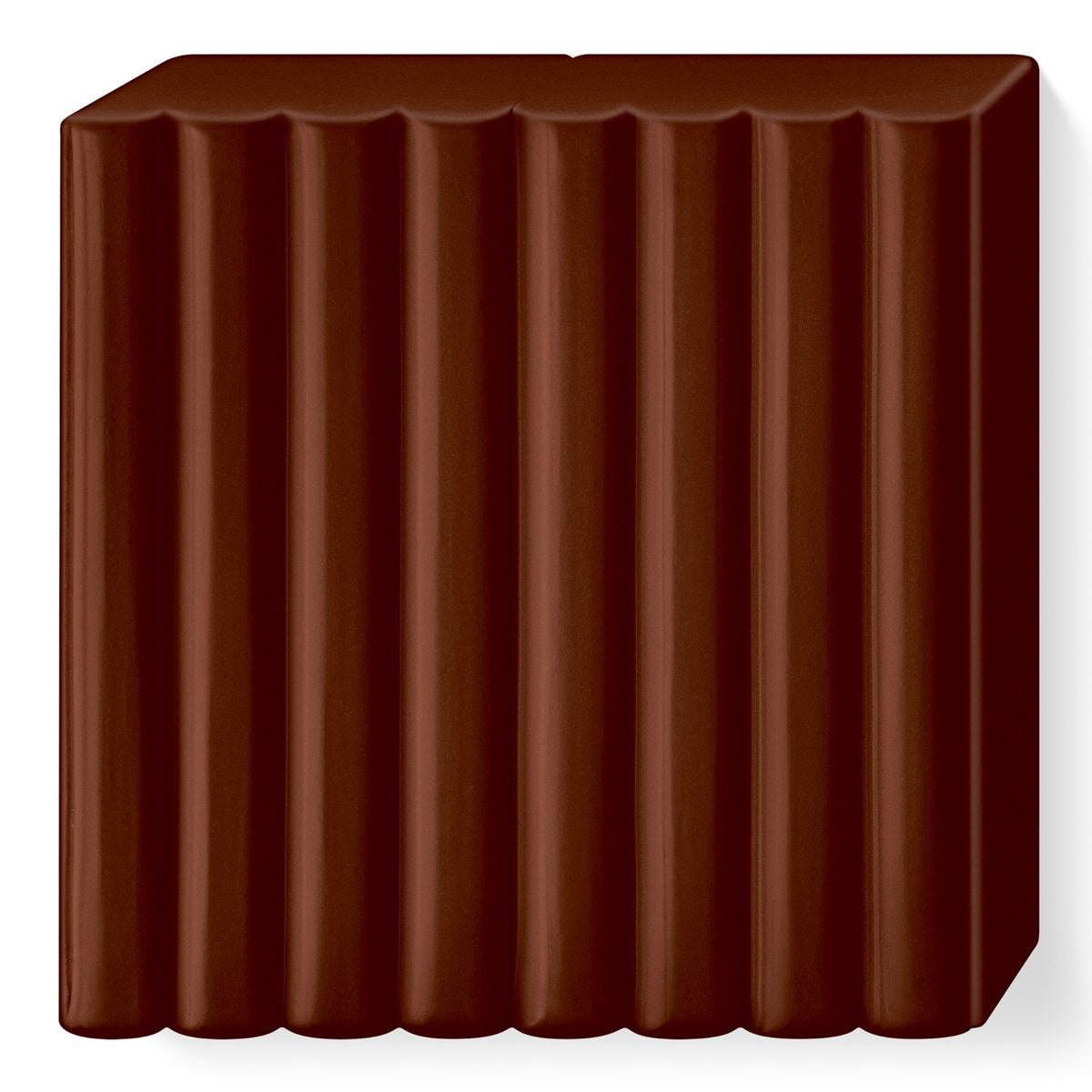 Unwrapped dark chocolate brown FIMO soft block, scored lines dividing it into 8 portions