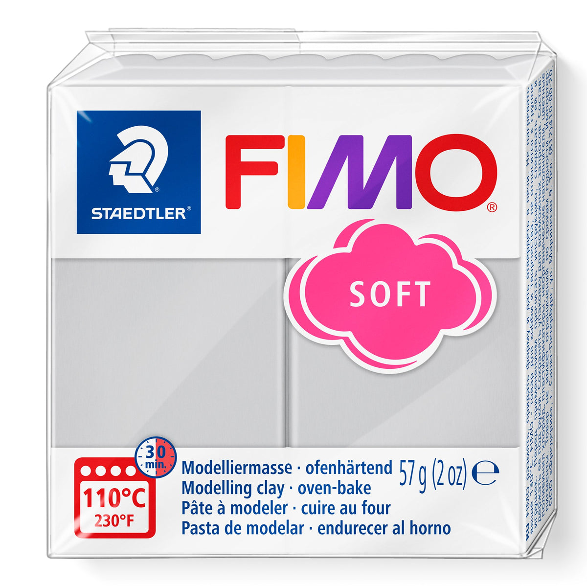 Staedtler FIMO soft 8020-80 dolphin grey pack in the current design with pink SOFT cloud, 57 g (2 oz) and 110°C 30 minute oven mark