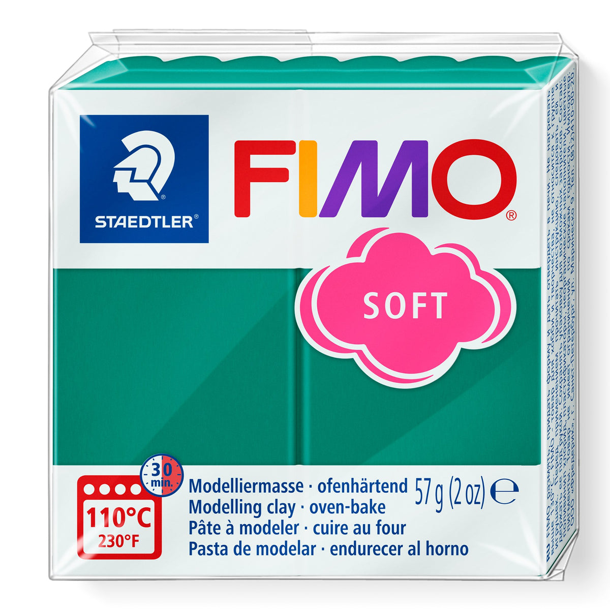 Front of a current Staedtler FIMO soft 8020-56 emerald pack, deep blue green clay with the pink SOFT cloud and 57 g (2 oz) label