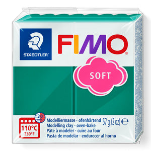 Front of a current Staedtler FIMO soft 8020-56 emerald pack, deep blue green clay with the pink SOFT cloud and 57 g (2 oz) label