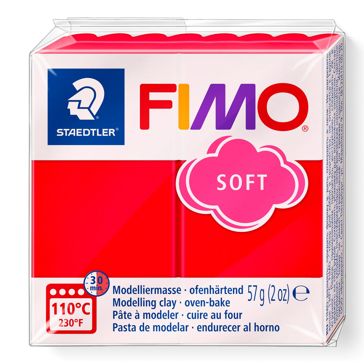 Staedtler FIMO soft 8020-24 indian red pack, current design with pink SOFT cloud, 57 g (2 oz) and the 110°C oven-bake symbol