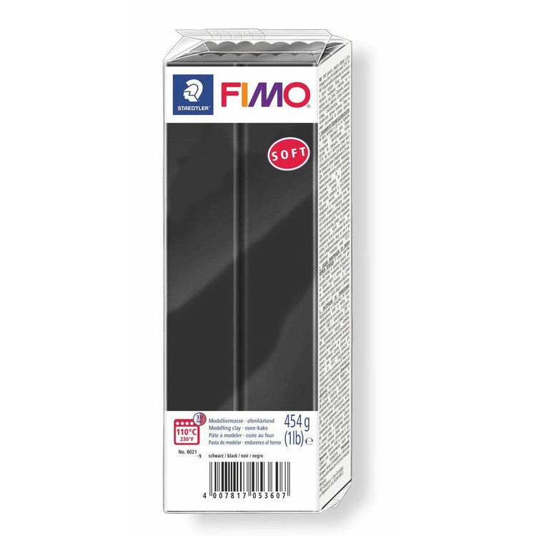 Earlier FIMO soft 454 g black large block pack with a red soft badge and a barcode on the side, shown as previous packaging
