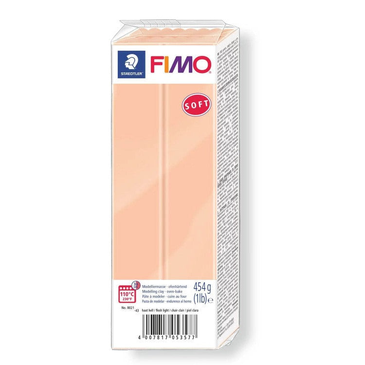 Earlier pale pink FIMO soft 454 g large block pack with a red soft badge and barcode on the side panel, shown as previous packaging