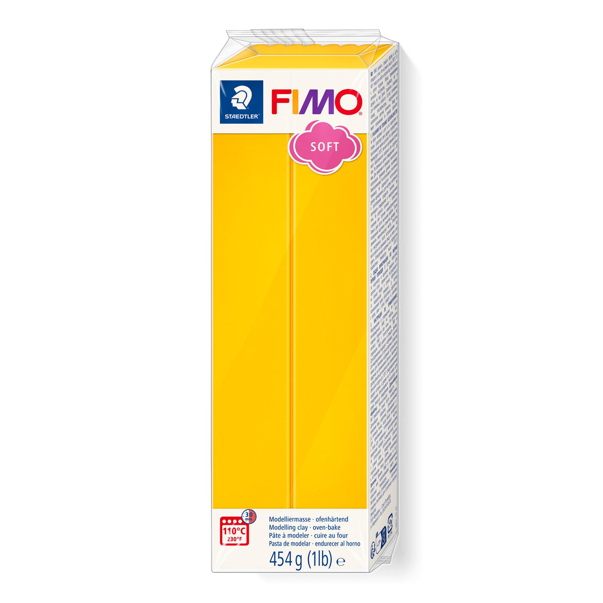FIMO soft 8021-16 sunflower yellow large block in the current Staedtler pack, FIMO logo and pink soft badge at the top and 454 g (1 lb) at the base