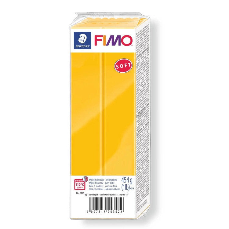 Earlier sunflower yellow FIMO soft 454 g pack with a red soft badge and barcode on the side, shown as previous packaging