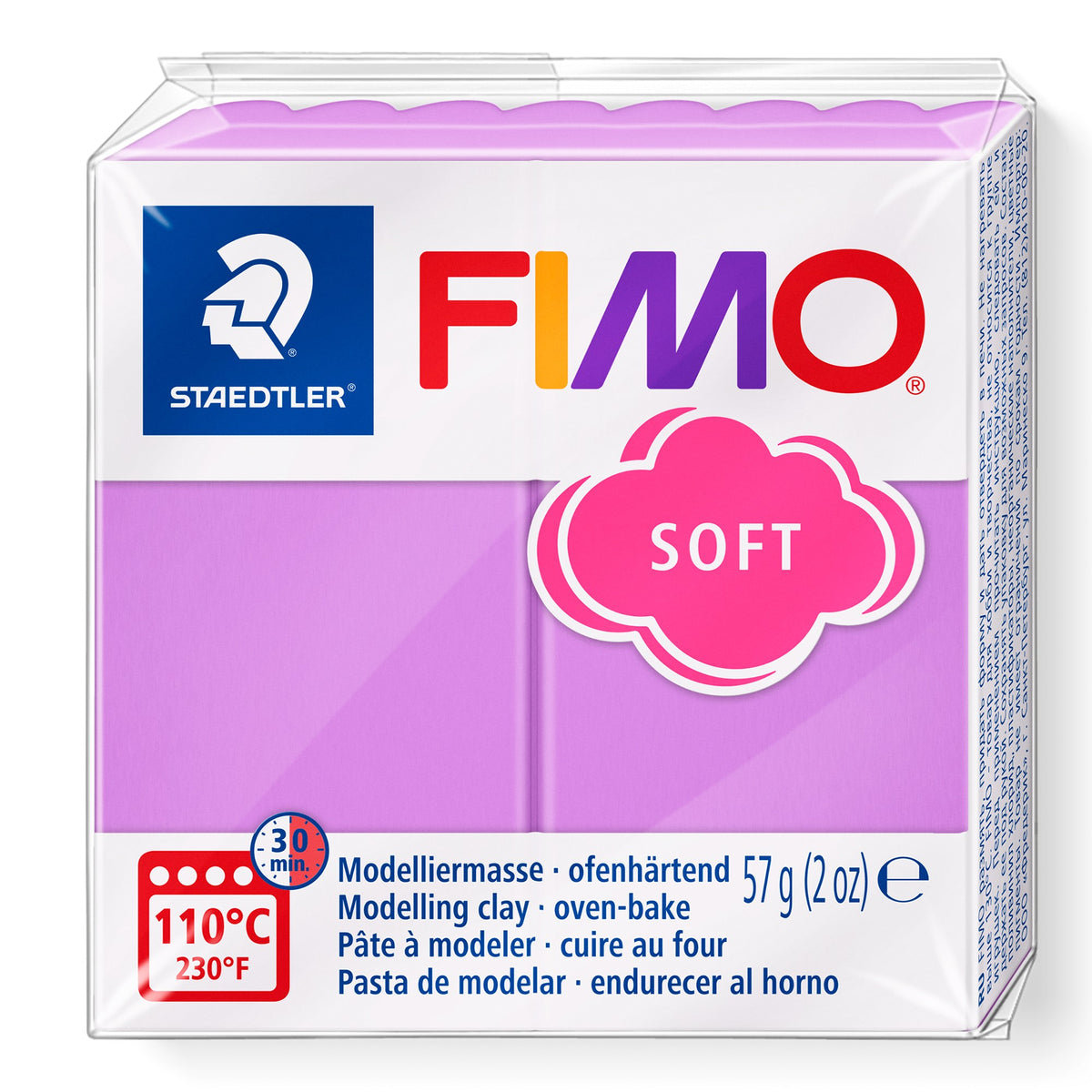 Staedtler FIMO soft 8020-62 lavender pack, current packaging with pink cloud SOFT logo, oven-bake mark and 57 g (2 oz) printed