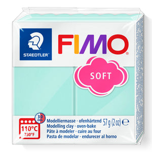 Staedtler FIMO soft 57g block in mint, white wrapper with a mint clay window, pink SOFT cloud and the 110°C 30 minute oven-bake symbol