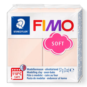 Staedtler FIMO soft 8020-43 pack in pale pink, the current design with pink SOFT cloud, 57 g (2 oz) and 110°C 30 minute symbol