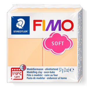 FIMO soft 57g block in peach, current Staedtler wrapper with a peach clay window and the 110°C 30 minute oven-bake symbol