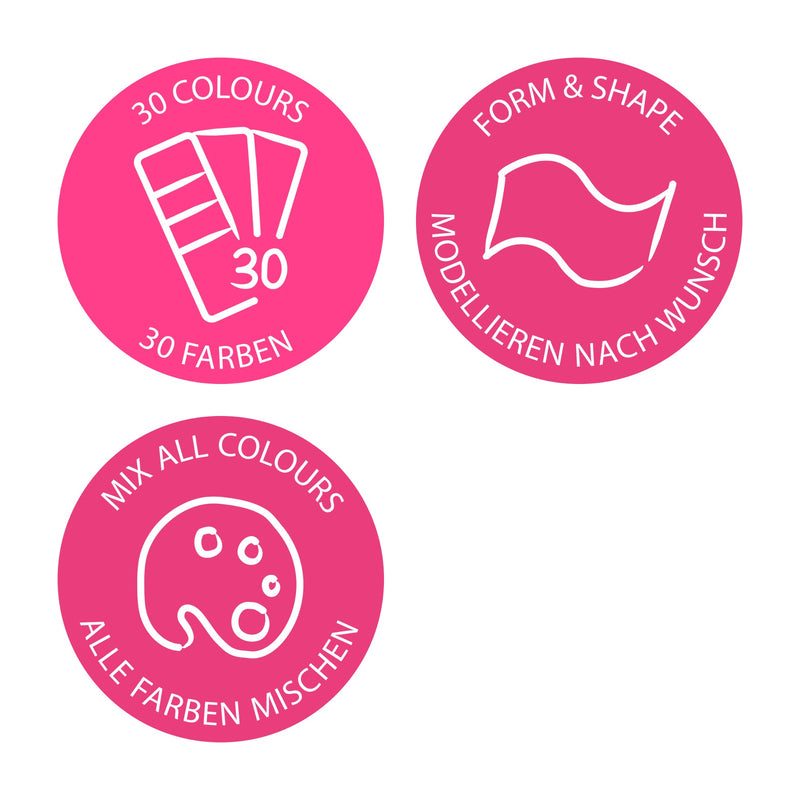 Pictograms for FIMO soft in pink roundels: 30 colours, form and shape, mix all colours