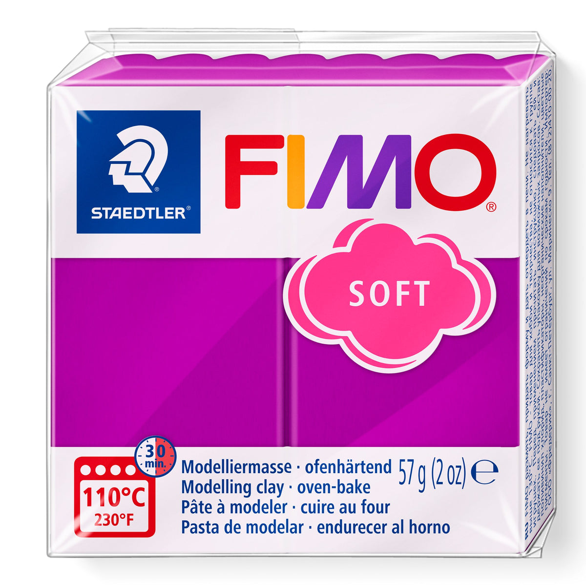 Staedtler FIMO soft 8020-61 purple in the current pack with pink cloud SOFT logo, rich magenta purple clay and 57 g (2 oz) weight