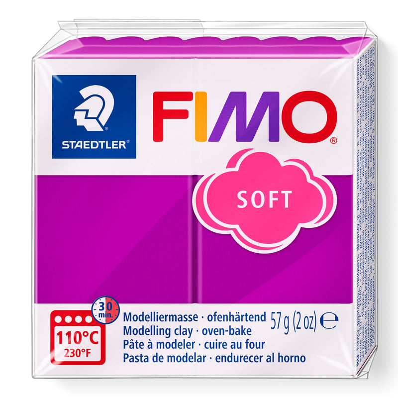 Staedtler FIMO soft 8020-61 purple in the current pack with pink cloud SOFT logo, rich magenta purple clay and 57 g (2 oz) weight