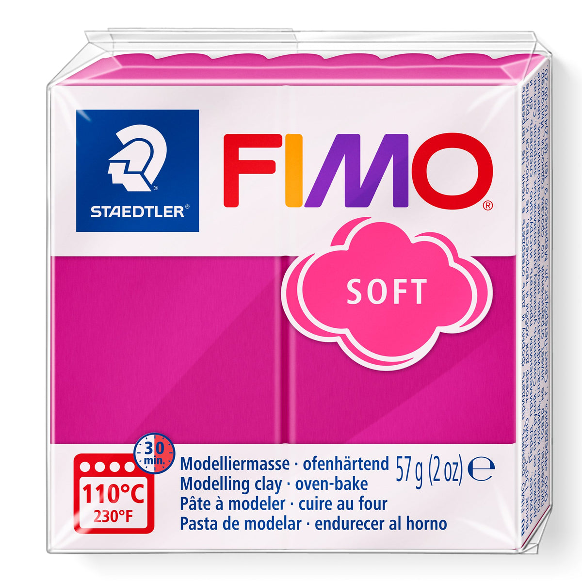 Current Staedtler FIMO soft 8020-22 raspberry pack with the pink cloud SOFT logo, vivid pink red clay and 57 g (2 oz) printed