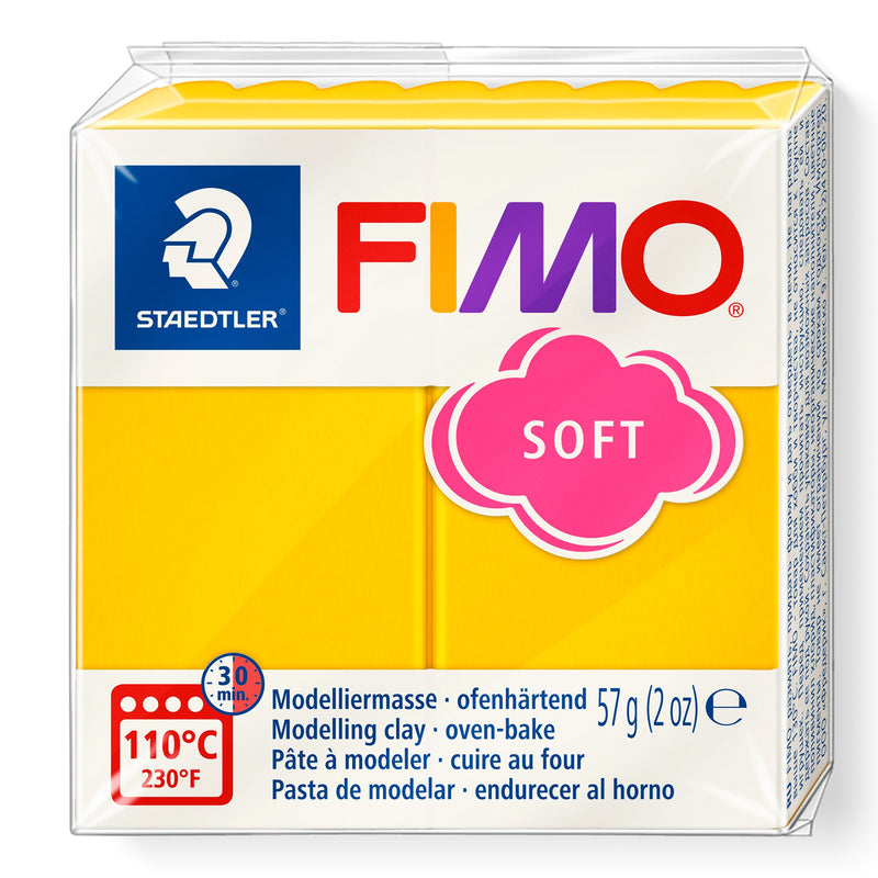 Current Staedtler FIMO soft 8020-16 sunflower pack, warm golden yellow clay with the pink cloud SOFT logo and 57 g (2 oz)