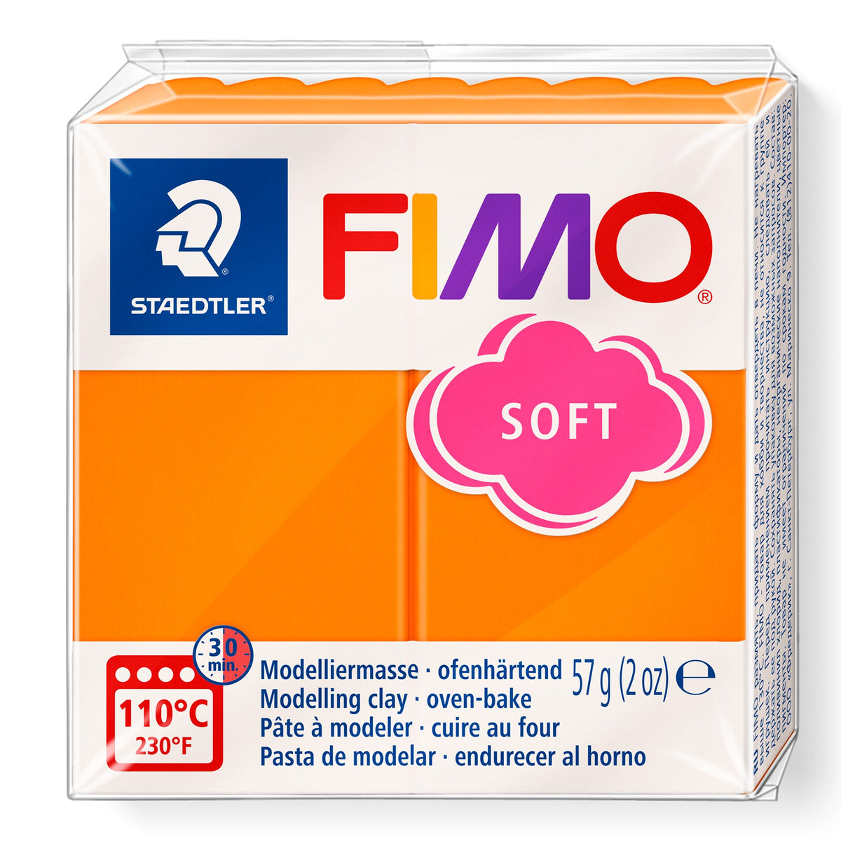 Staedtler FIMO soft 8020-42 tangerine pack in the current design, bright orange clay with the pink SOFT cloud and 57 g (2 oz)