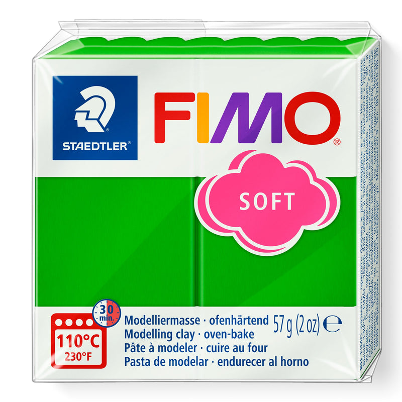 Current Staedtler FIMO soft 8020-53 tropical green pack, bright green clay with the pink cloud SOFT logo and 57 g (2 oz) printed