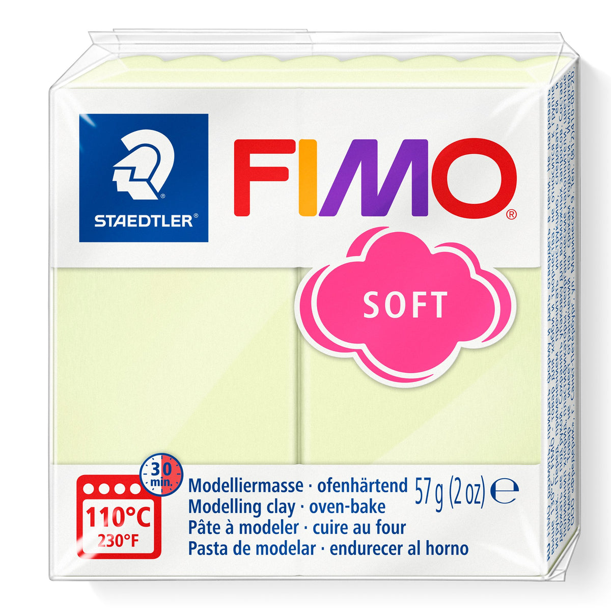 Staedtler FIMO soft vanilla 57g in the current wrapper, a creamy pale yellow clay panel with the pink SOFT logo and oven-bake symbol