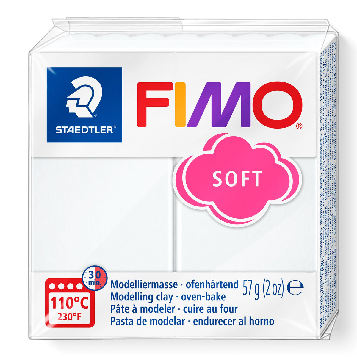 Staedtler FIMO soft 8020-0 white pack, current design with the pink SOFT cloud logo, 110°C 30 minute oven mark and 57 g (2 oz)