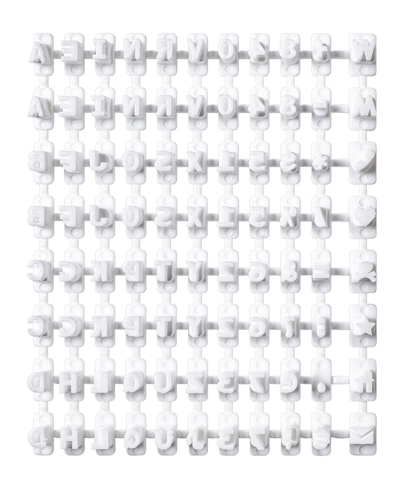 Close sheet of white letters, numbers and symbols from the FIMO stamp kit, ready to snap off