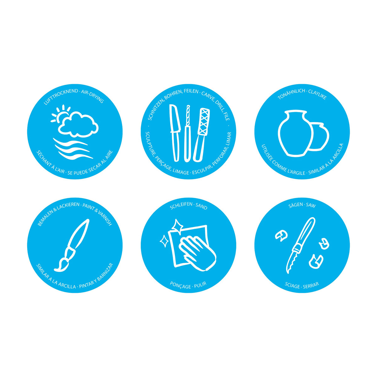 Six blue FIMOair pictograms with labels for air-drying, carve drill and file, claylike, paint and varnish, sand, and saw