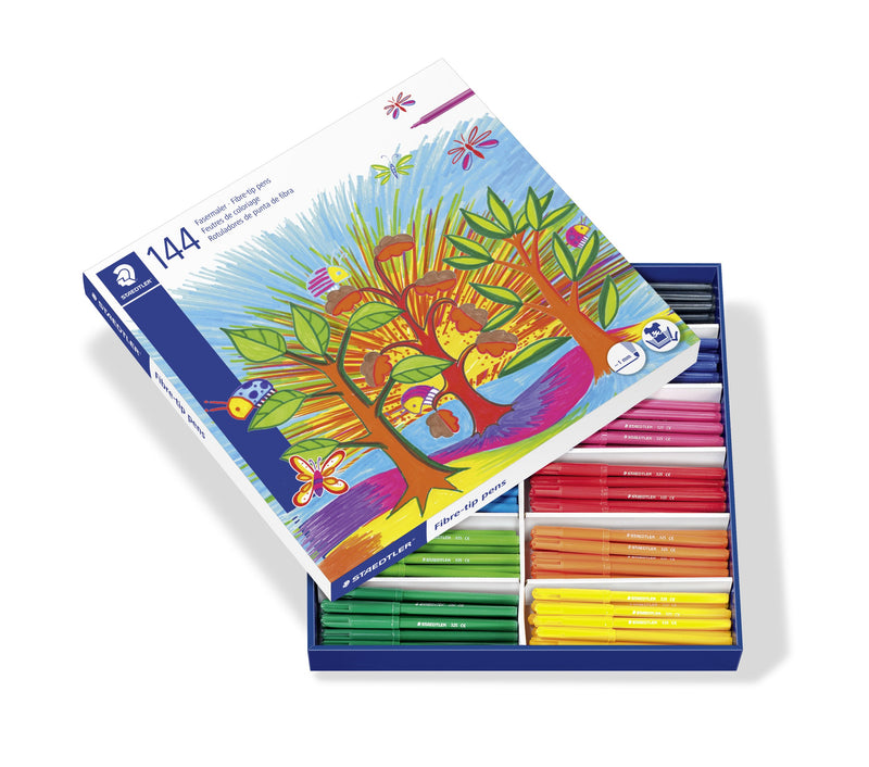 Staedtler class pack of 144 fibre-tip pens opened, lid printed with a painted tree and butterflies, pens sorted by colour in card dividers