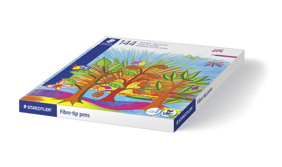 Closed Staedtler 144 fibre-tip pen class pack lying flat, lid with a colourful painted tree and the words Fibre-tip pens