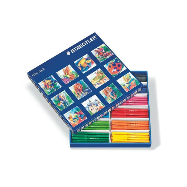 Earlier Staedtler class pack lid decorated with a grid of children's drawings, box open to show rows of coloured pens