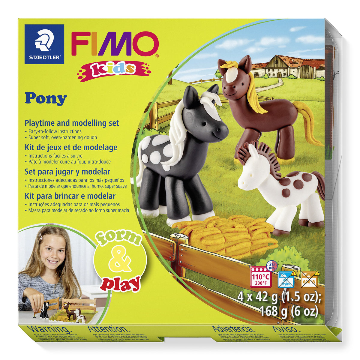 FIMO kids Pony box showing a black pony with white spots, a brown horse and a spotted white foal by a hay bale, printed 4 x 42 g and 110°C