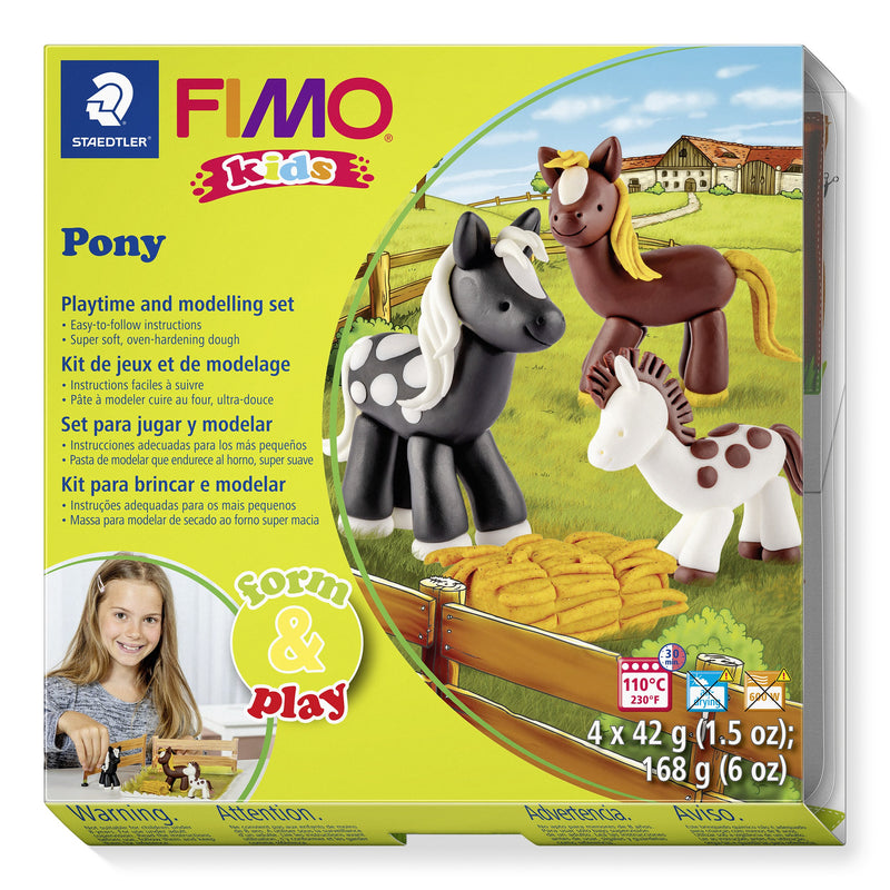FIMO kids Pony box showing a black pony with white spots, a brown horse and a spotted white foal by a hay bale, printed 4 x 42 g and 110°C