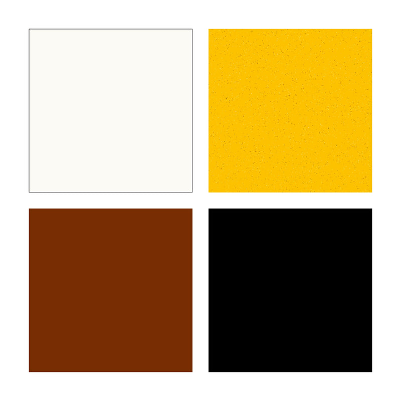 Four swatches of the Pony set clay colours: white, gold glitter, brown and black