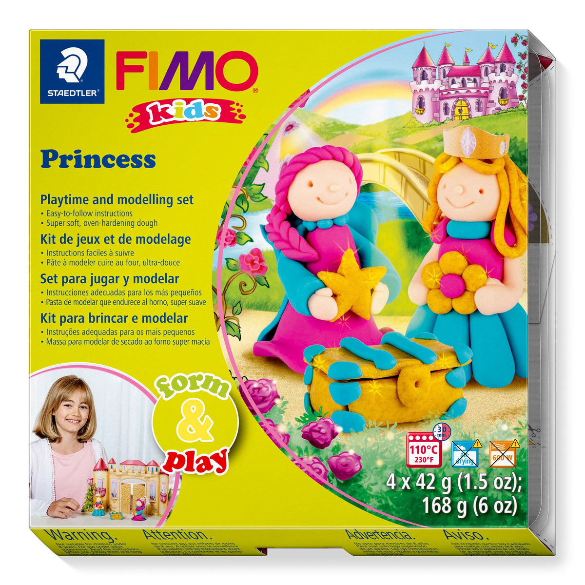 FIMO kids Princess box with two clay princesses in turquoise and pink beside a golden treasure chest, printed 4 x 42 g and 110°C