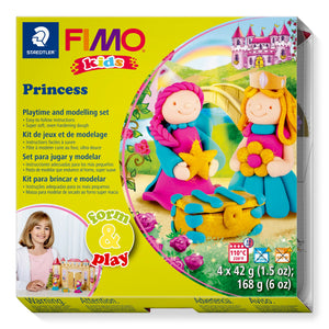 FIMO kids Princess box with two clay princesses in turquoise and pink beside a golden treasure chest, printed 4 x 42 g and 110°C