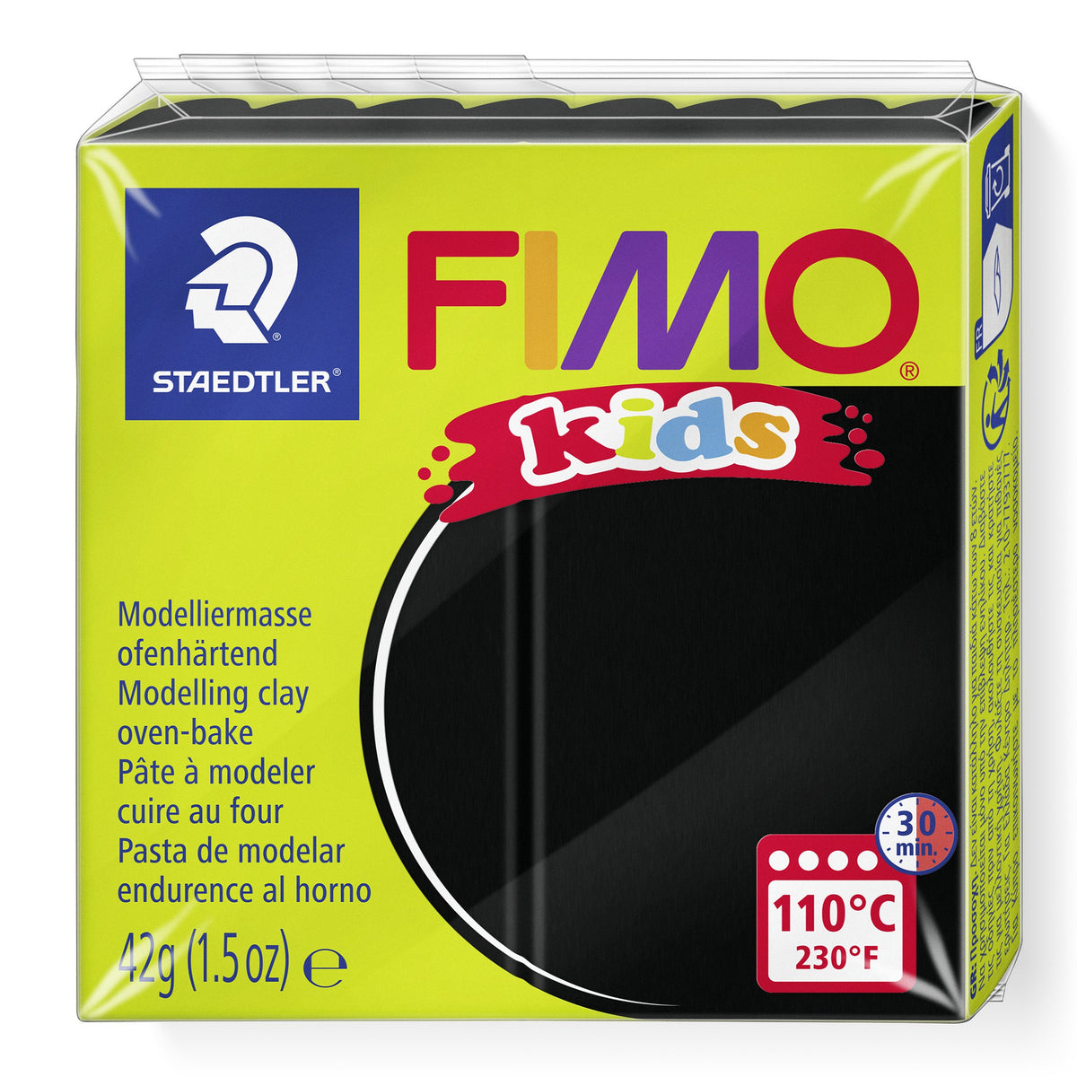 FIMO kids 8030-9 black clay in the current lime green wrapper with a black colour window, printed 42 g and 110°C