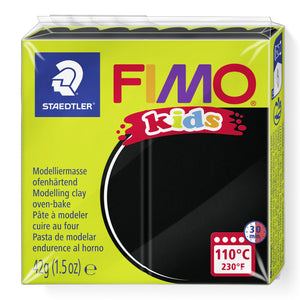 FIMO kids 8030-9 black clay in the current lime green wrapper with a black colour window, printed 42 g and 110°C