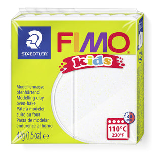 FIMO kids 8030-052 glitter white clay in the current lime green wrapper with a sparkly white colour window, printed 42 g and 110°C