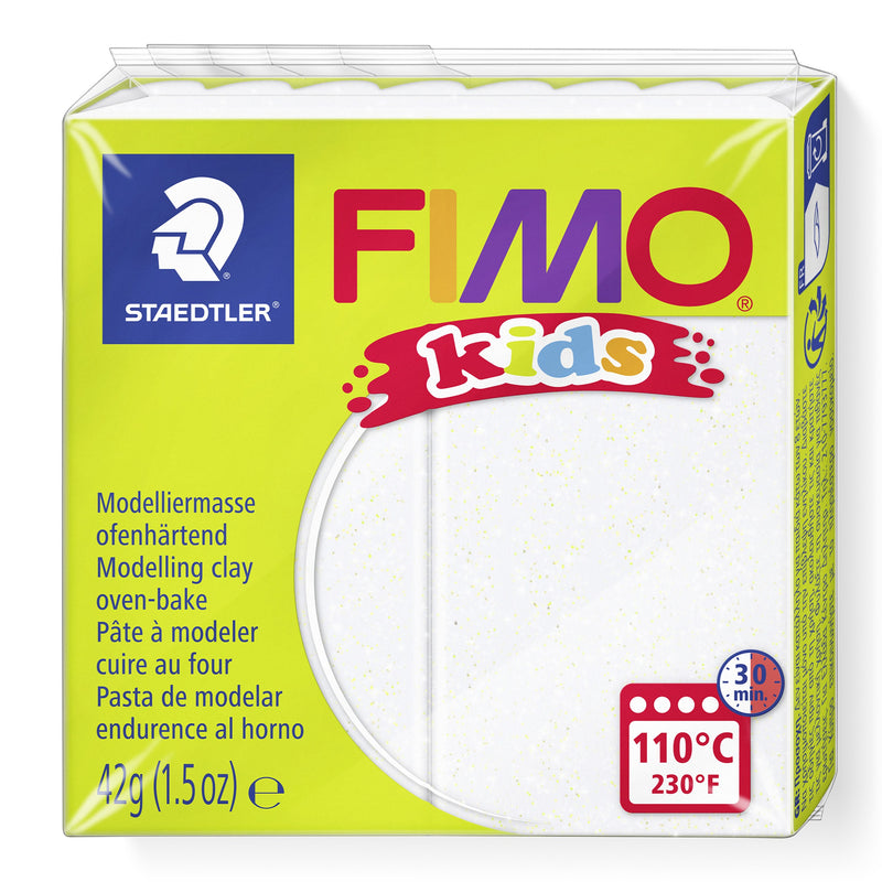 FIMO kids 8030-052 glitter white clay in the current lime green wrapper with a sparkly white colour window, printed 42 g and 110°C