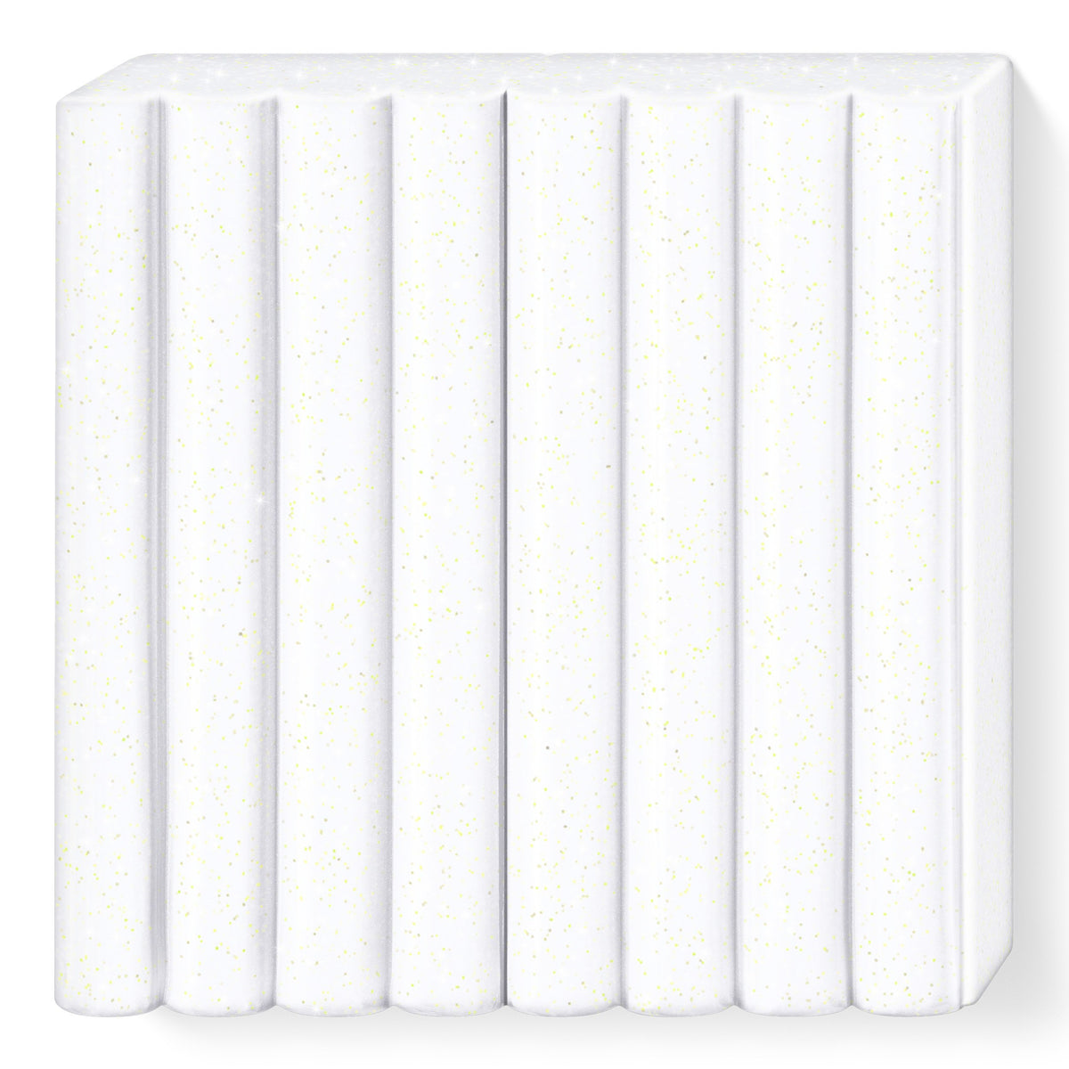 Unwrapped glitter white FIMO kids block in 8 ribbed portions with fine glitter visible through the white clay