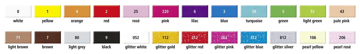 Staedtler colour chart of the FIMO kids range, numbers and names for all 24 shades, glitter white 052 among them