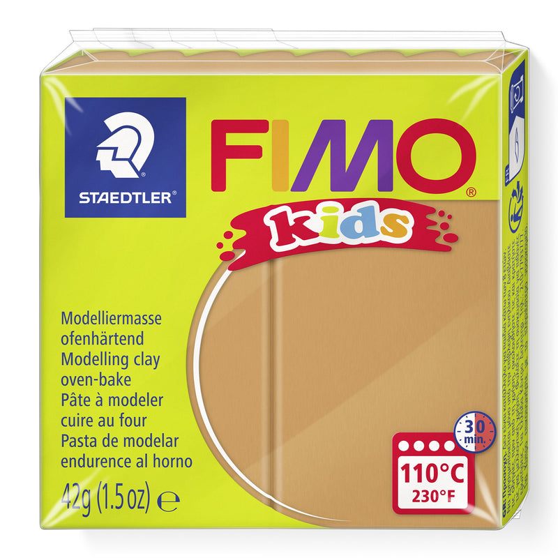 FIMO kids 8030-71 light brown clay in the current lime green wrapper with a tan colour window, printed 42 g and 110°C