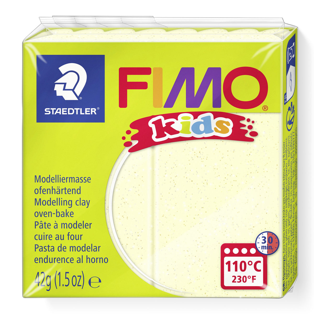 FIMO kids 8030-106 pearl yellow clay in Staedtler lime green wrapper with a pale yellow colour window, printed 42 g and 110°C