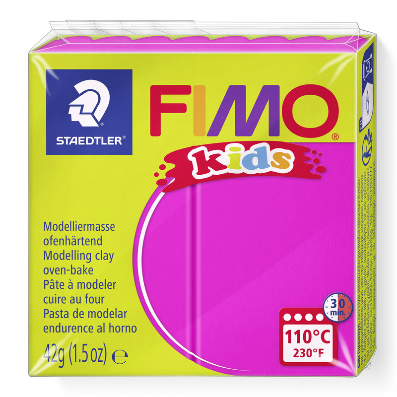 FIMO kids 8030-220 pink clay in the current lime green wrapper with a bright pink colour window, printed 42 g and 110°C