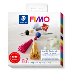 FIMO leather effect tassel kit box with a hanger tab, showing a key ring with clay beads and pink and gold tassels, printed 4 x 25 g and 130°C