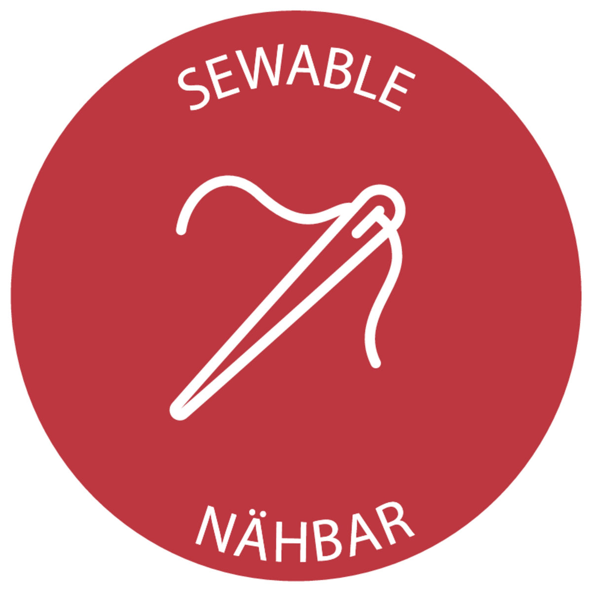 Staedtler pictogram, red roundel reading Sewable with a needle and thread, used for FIMO leather effect