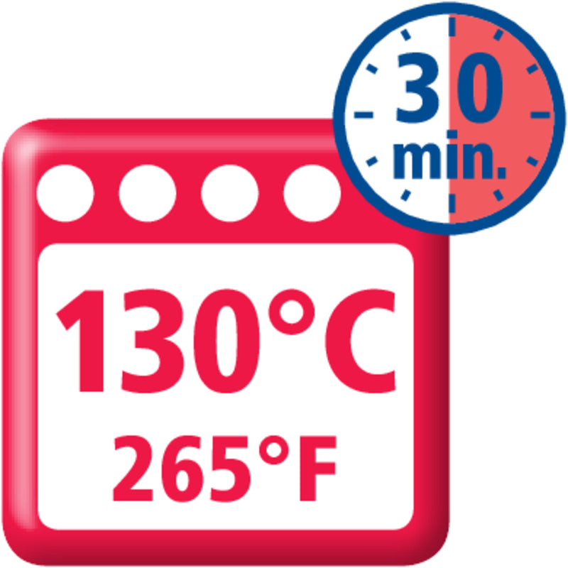 Staedtler oven pictogram reading 130°C 265°F with a 30 minute clock, the baking guide for FIMO leather effect