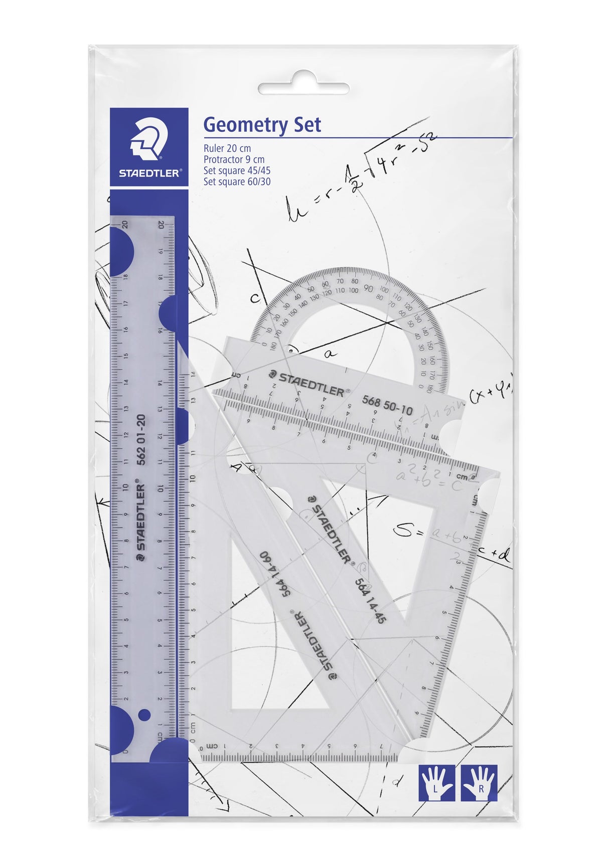 Staedtler Geometry Set hangsell pack showing a clear 20 cm ruler 562 01-20, protractor 568 50-10 and set squares 564 14-45 and 564 14-60 behind the printed header