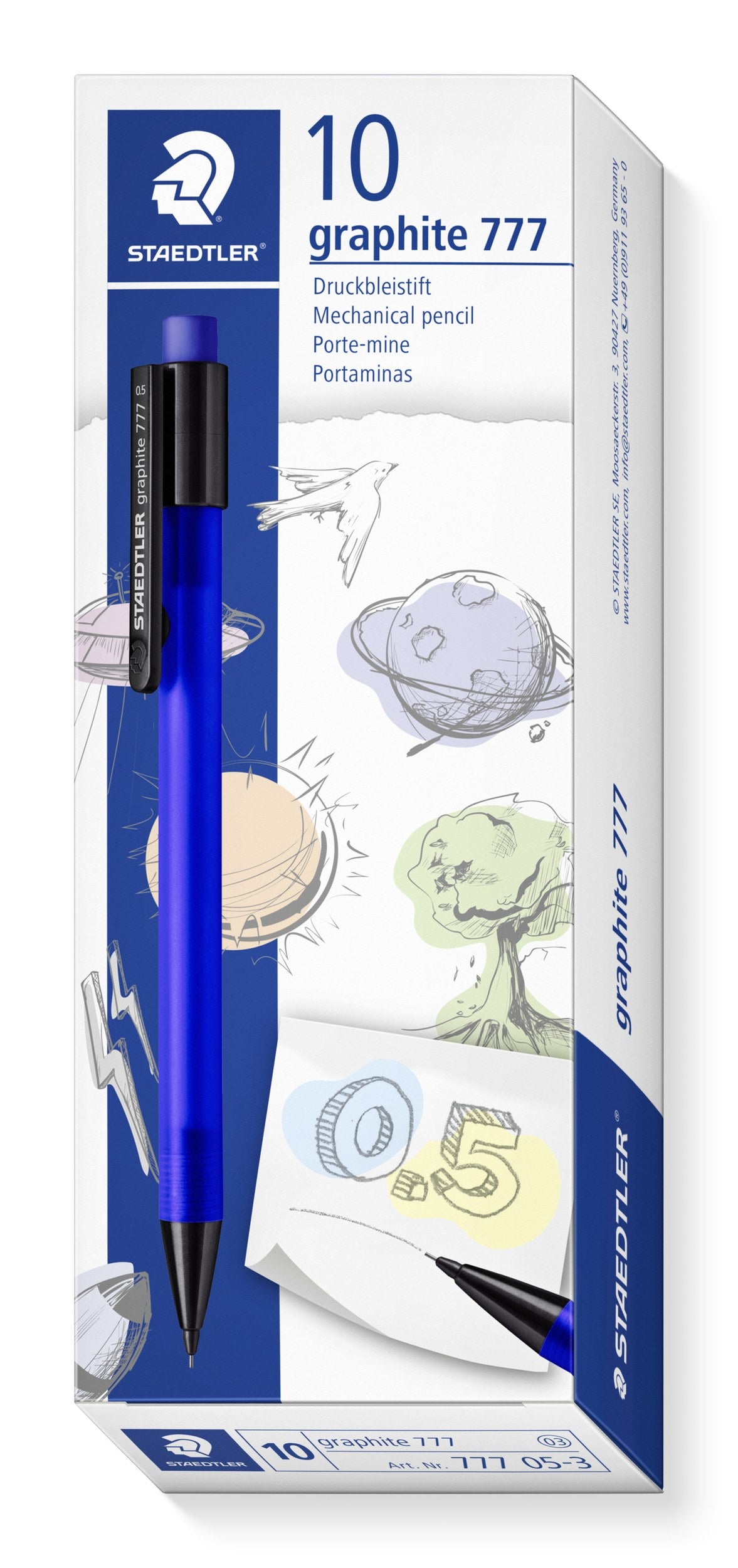 Staedtler graphite 777 05-3 box printed 10 graphite 777 mechanical pencil, blue pencil with black trim shown on the front panel